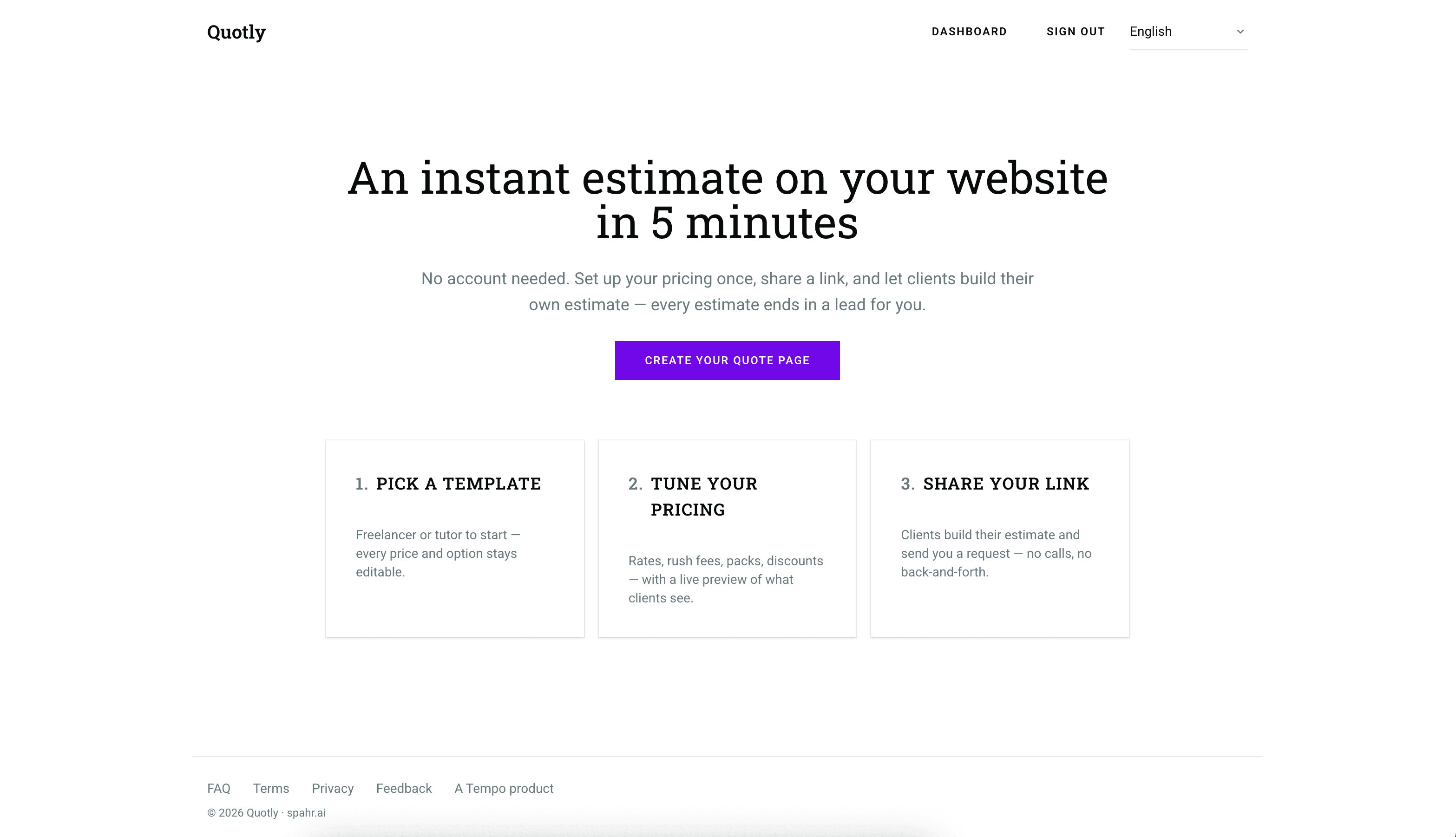 Quotly — landing page: an instant estimate on your website in 5 minutes