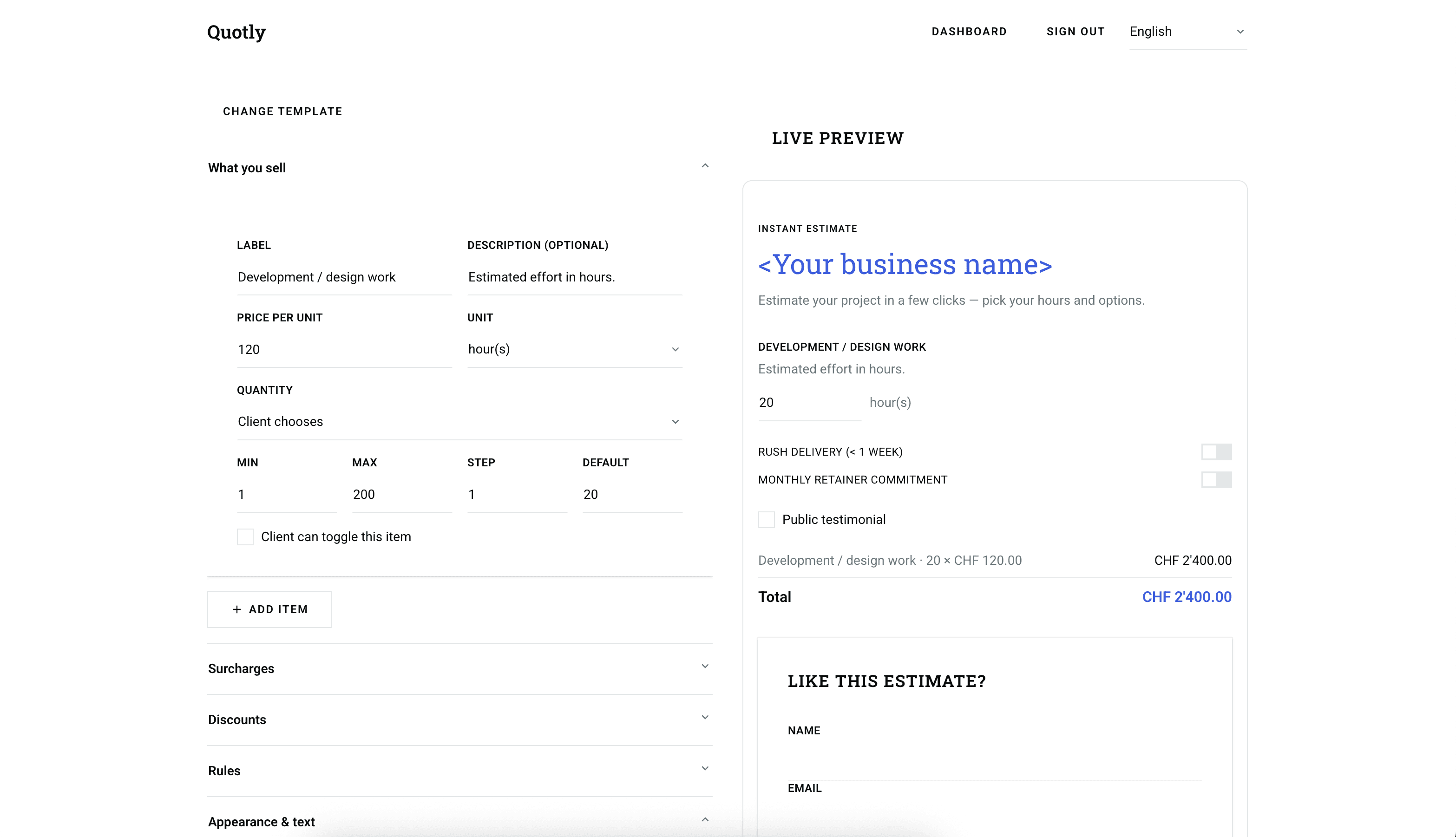 Quotly — pricing builder with live preview of the client-facing estimate