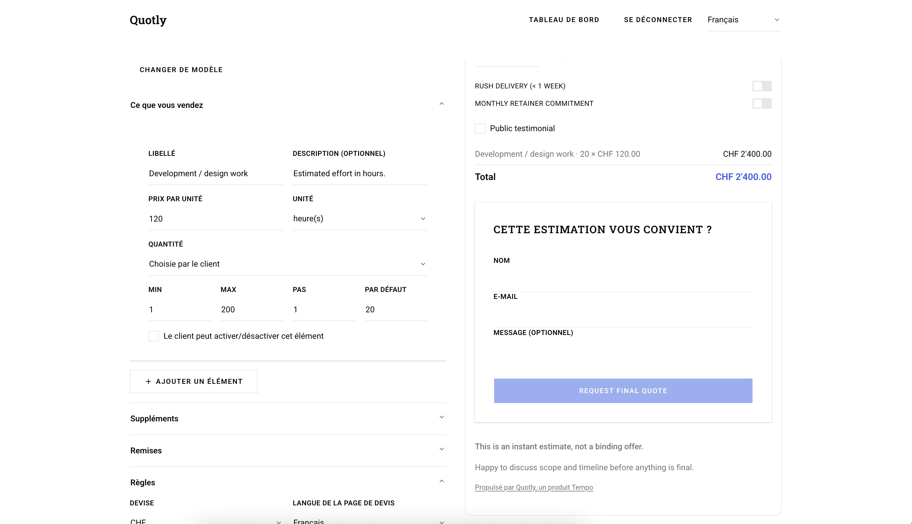 Quotly — builder in French with rules, currency, and final quote request form