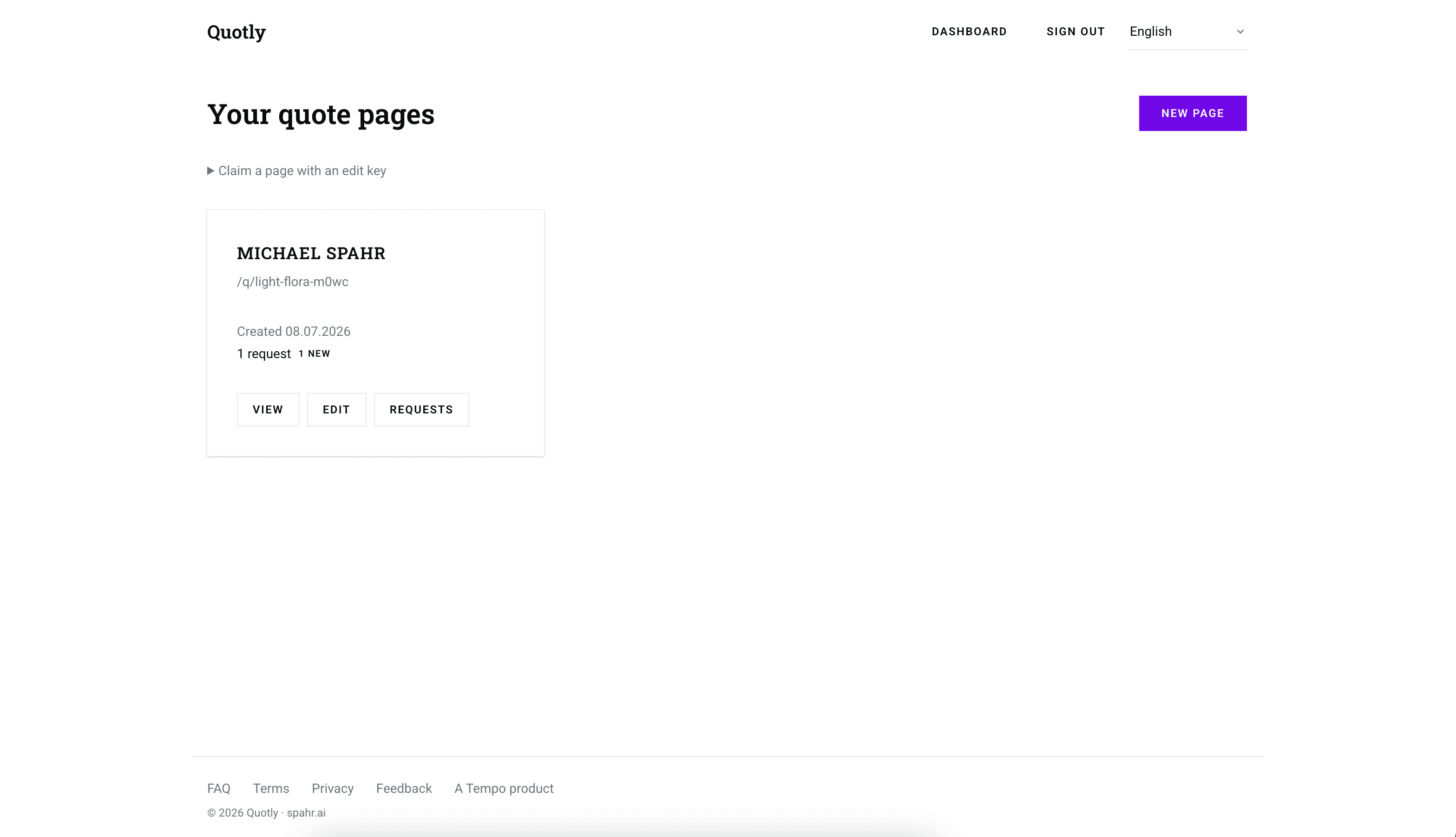 Quotly — dashboard listing a professional's quote pages