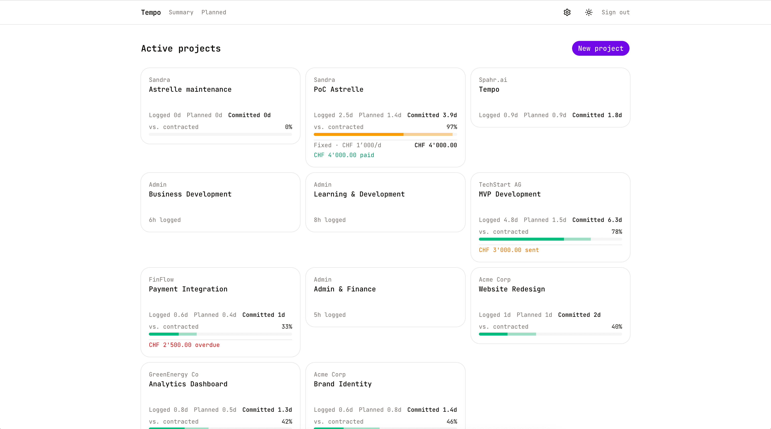 Tempo — active projects overview