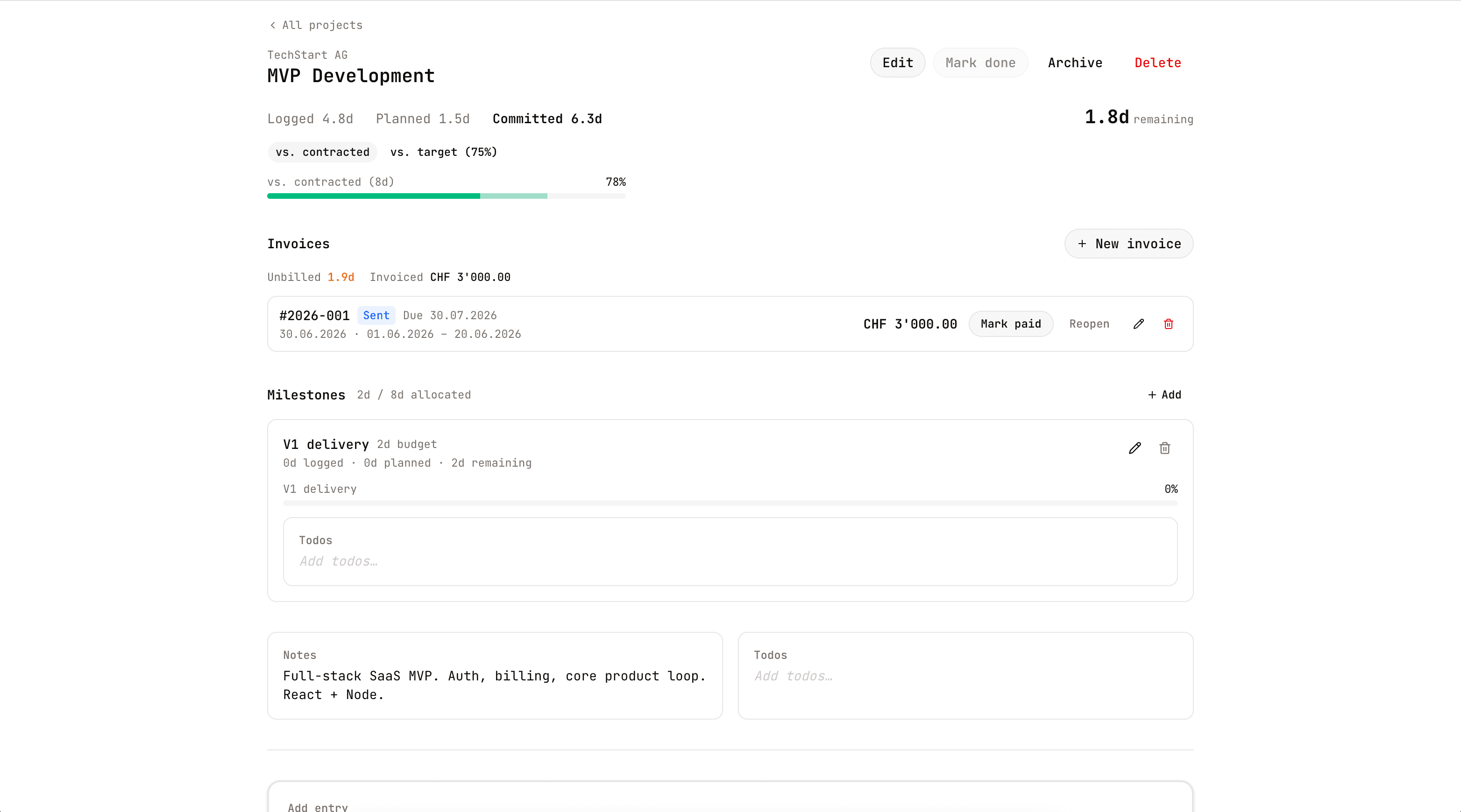 Tempo — project detail with hours, invoices, and milestones