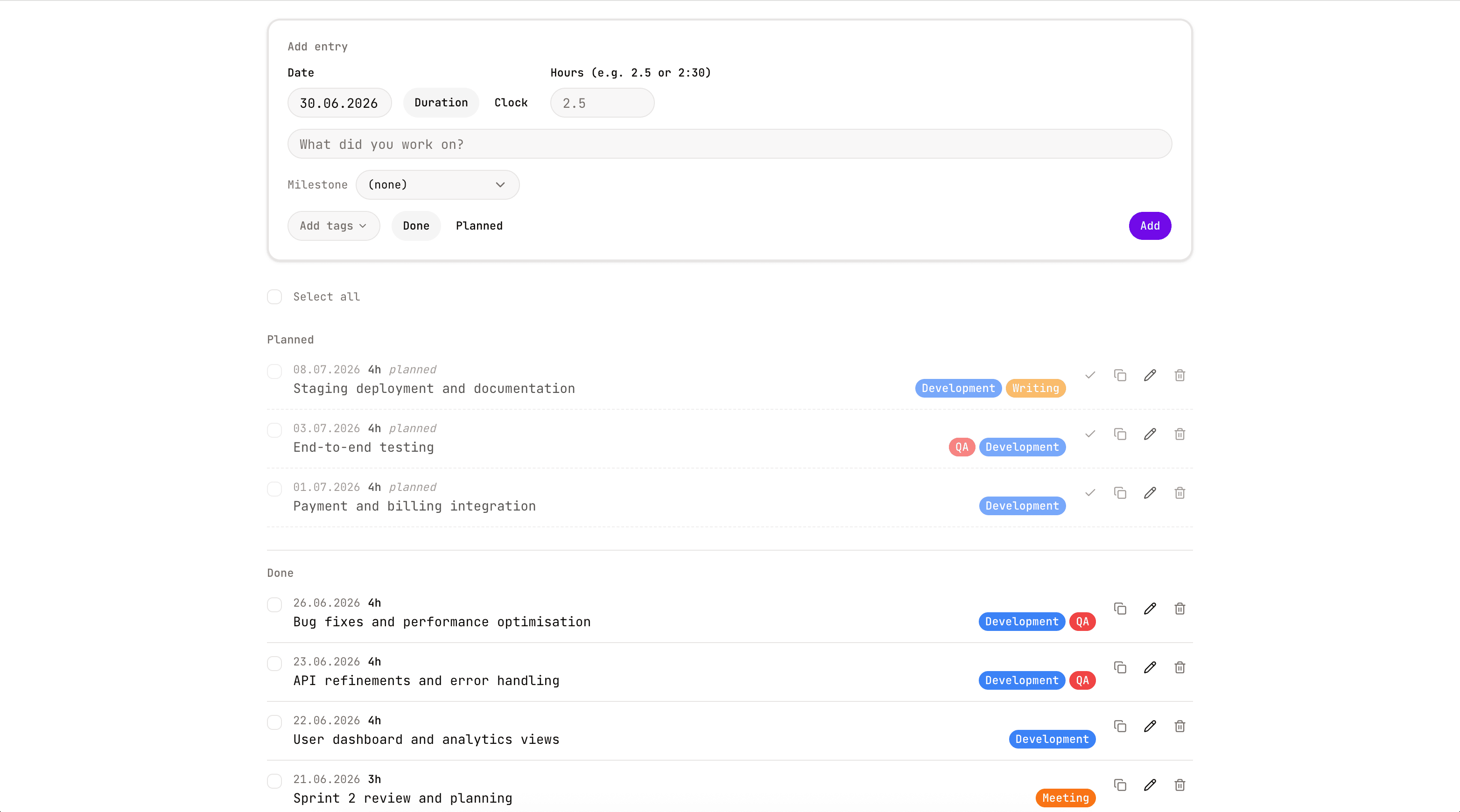 Tempo — time entry log with planned and done entries