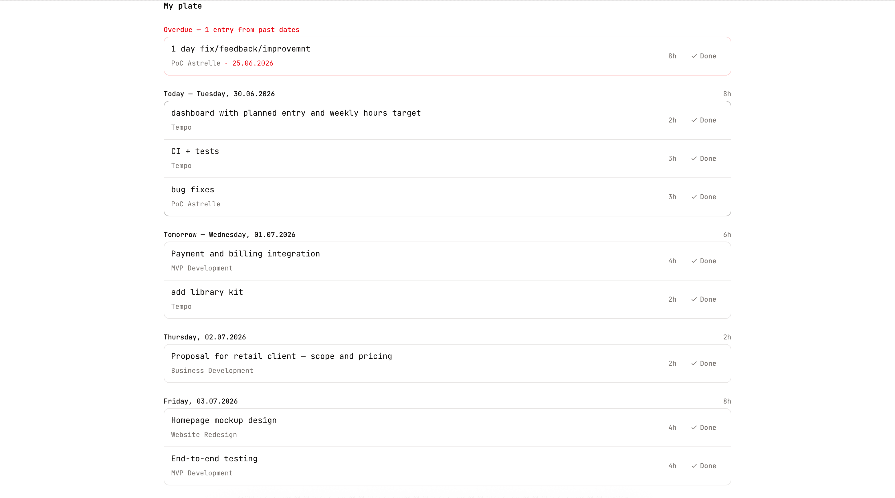 Tempo — my plate: day-by-day scheduled work across projects
